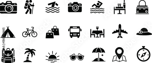 Collection of Simple Black Travel Icons.