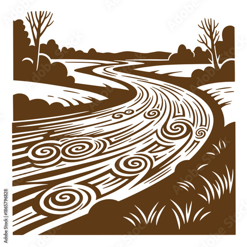 Vintage Brown illustration of a stylized agricultural field with swirling patterns and trees in the background