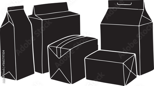 Black and white illustration of milk and juice cartons
