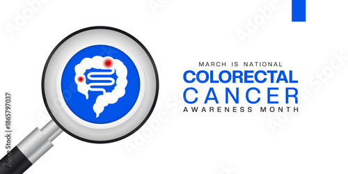 March Is National Colorectal Cancer Awareness Month. Stomach and magnifying glass. Great for cards, banners, posters, social media and more. White background.  