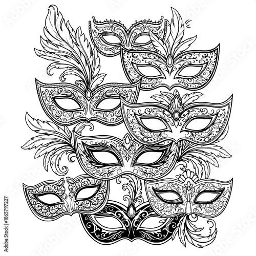 “High-contrast masquerade mask designs, black on white, symmetrical ornamental shapes, graphic poster style.”