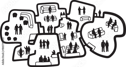 Business people in various office settings and activities illustration
