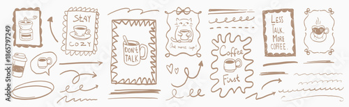 Coffee line frames and dividers with cozy quotes, mugs and decorative arrows. Minimal warm line art elements for posters, menus, social media, packaging and cafe branding.