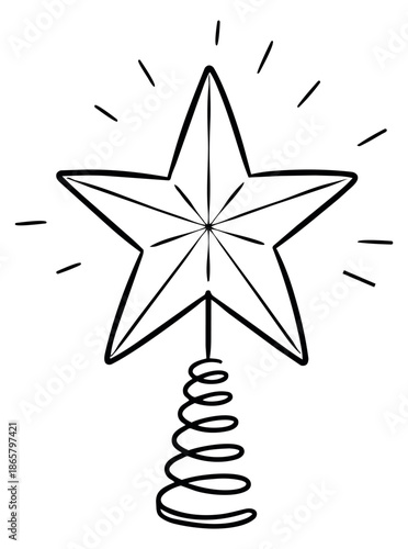 Hand drawn line art illustration of a Christmas star topper depicting a radiant glow for holiday decoration