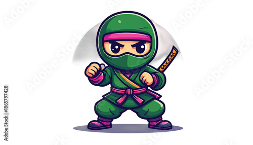 Cartoon Ninja Ready for Action with Sword on Back.