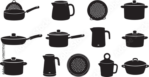 Black kitchen utensils and cookware icons on white background