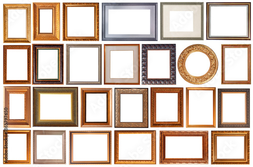 Set of picture frames isolated on white background antique carved gold