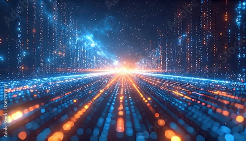 Abstract Digital Landscape Futuristic Neon Glow Cityscape with Blue and Orange Particles Streaking into Bright Horizon