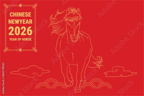 golden running horse line art on a red background, symbolizing the Year of the Horse, Chinese New Year 2026, Chinese Zodiac