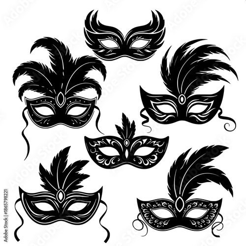 “Stylized carnival mask collection, black silhouette illustrations, elegant curves and feathered details, contemporary digital art.”