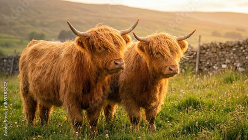 Two highland cow in a field with green grass. Animals in nature symbolize love for Valentines Day greeting card.
