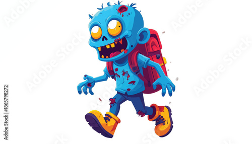 Cartoon Zombie Student with Backpack Walking Forward.
