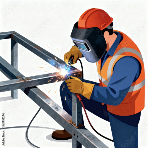 Single Construction Worker Vector Illustration Showing Dynamic Motion Welding Metal Frame on White Background