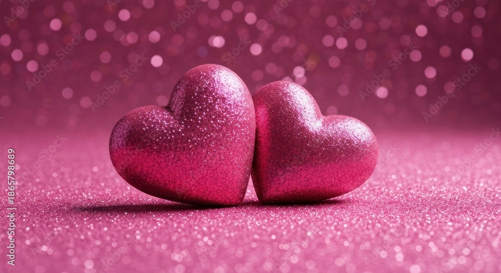 Obraz premium Two pink glitter hearts on a pink glitter background