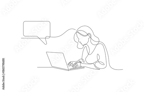 Continuous One-Line Drawing of a Woman Writing and Working on a Laptop – Minimalist Vector Illustration
