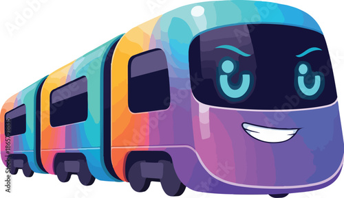 A cheerful vector cartoon train character with a colorful design, smiling and presented on a white background. Perfect for children's content, educational materials, and advertisements.