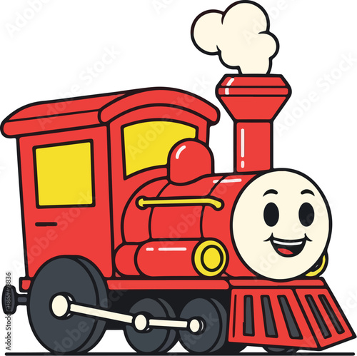 A cheerful vector cartoon train character with a smiling face, emitting smoke from its chimney, set against a plain white background. Perfect for children's books, educational materials,