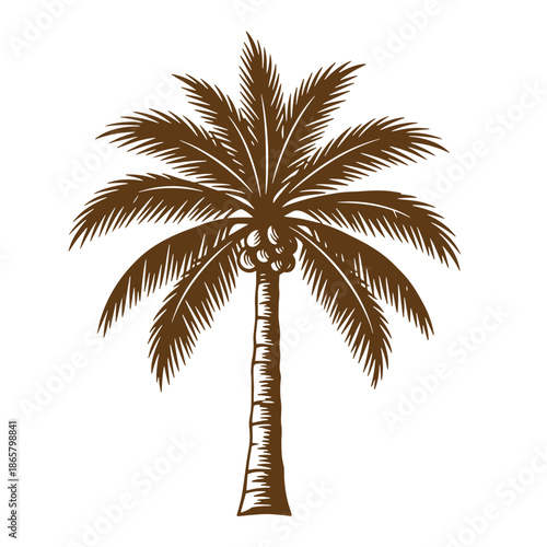 Vintage Brown palm tree with long leaves and trunk on white background