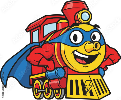 A cheerful vector cartoon train character wearing a superhero costume and mask, posed in front of a red train. Perfect for children's books, educational materials, and marketing content.