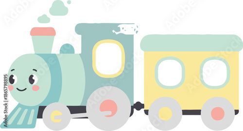 A cheerful vector cartoon train character with a smiling face, presented on a white background with a green and yellow carriage. Perfect for children's books, educational materials, and