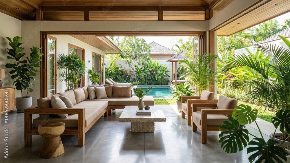 Fototapeta premium Modern living room opening to a lush tropical garden with a swimming pool. Luxury villa interior design for bali vacation and relaxation.