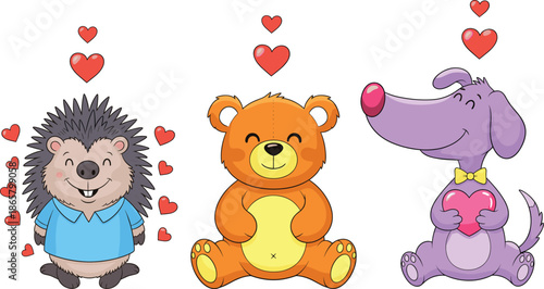 Cute cartoon animal characters in love set with hedgehog bear and dog holding hearts isolated on white background vector illustration