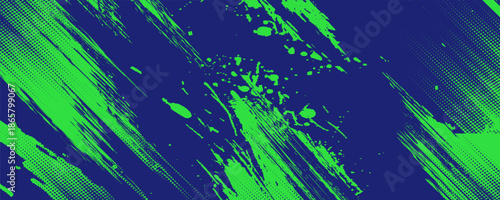 Abstract Sport Background with Green and Blue Brush Texture and Halftone Effect. Dirty Grunge Background