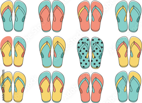 Colorful flip flops icon set with various summer beach sandals and tropical footwear illustrations for vacation and seasonal design.