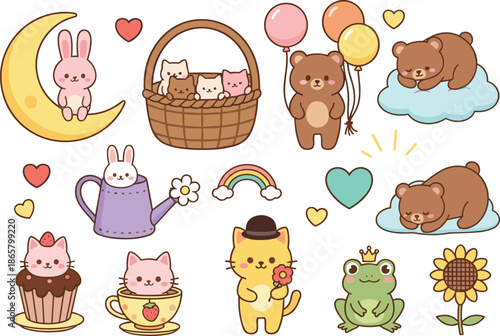 Cute kawaii animal cartoon set with bears cats rabbits hearts flowers and sweet elements isolated on white background vector illustration