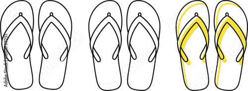 Flip flop sandal line illustration set with outline and highlighted variations isolated on white background vector design