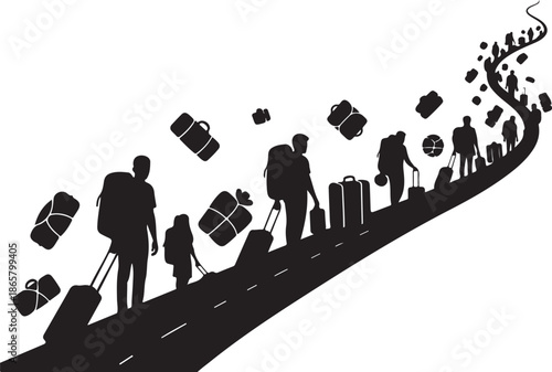 People walking on road with many suitcases and luggage