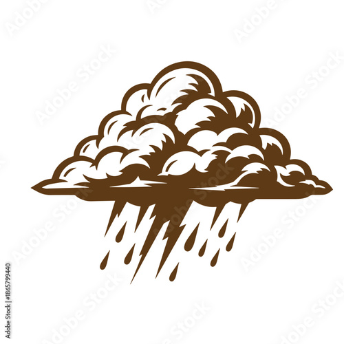 Vintage brown rain cloud with raindrops illustration isolated on white background