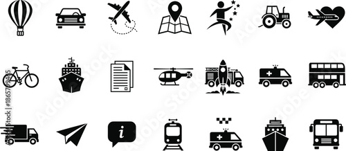 Transportation and logistics icon set with airplane ship bus train car and delivery truck symbols for travel and shipping.