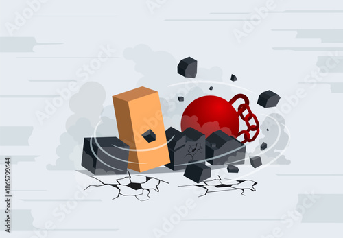 Symbol of financial ruin and market crash. A red wrecking ball destroying business blocks, representing high interest rates, unpaid loans, and the heavy impact of economic recession on companies.