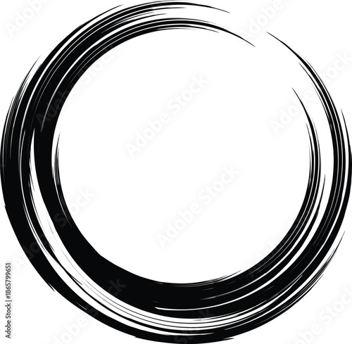 Black ink brush stroke circles vector set. Round grunge ringed distressed surface whirl spiral texture swirl abstract painted shape vortex element watercolor distress