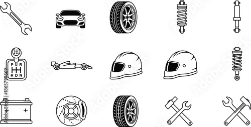 Automotive car parts icon set with disc brake shock absorber racing helmet tire battery and tools for garage maintenance.