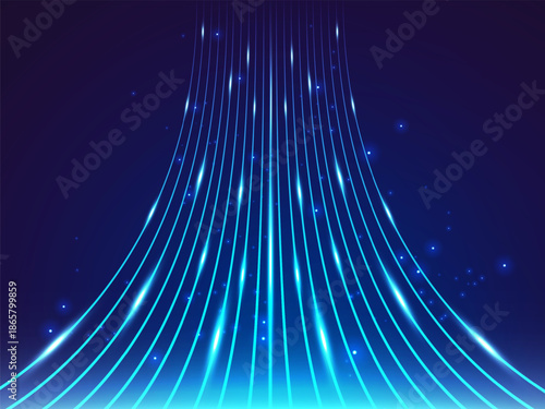 Abstract Digital Big Data Flow with Curved Growth up Lines and Light Effects for AI Technology on dark blue background vector design concept for Data Transfer Speed, Connectivity, Cyber Technology.