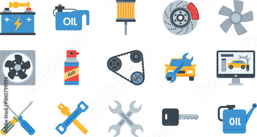 Car service and auto repair icons set with tools spare parts maintenance equipment isolated on white background vector illustration