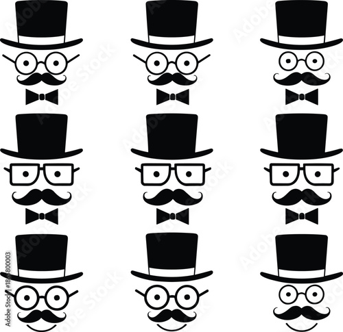 Gentleman character icon set with top hat mustache glasses and bow tie flat vector illustration for barber shop branding or vintage fashion design isolated on white background.