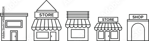 Simple shop and store building line icons set with storefront facades isolated on white background vector illustration