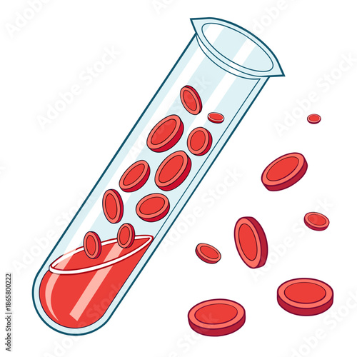 A transparent test tube filled with red liquid and floating red blood cells, shown as biconcave discs, visually represents a blood sample used in medical analysis.