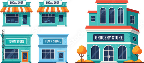 Local shop and grocery store building facades set with signage isolated on white background modern flat vector illustration