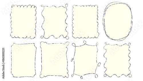Doodle childish frames set. Monochrome wavy shaped frames. Sketch style vector illustration.