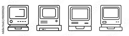 Vintage computer tower desktop pc vector illustration classic workstation outline design set