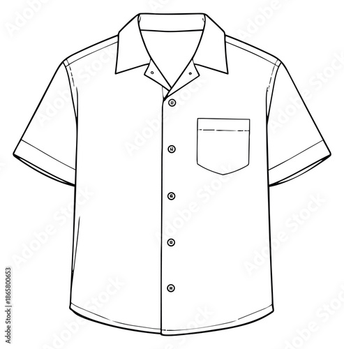 Line art illustration of a short sleeved casual shirt depicting a flat technical sketch for fashion design