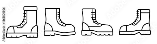Collection of black and white combat boots vector illustration for fashion and design needs