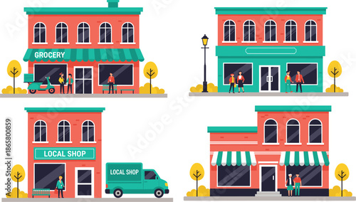 Local grocery and small shop storefront buildings set with people isolated on white background modern vector illustration
