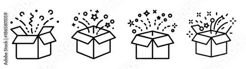 Surprise gift box vector illustration, open box with confetti, celebration gift boxes drawing line art