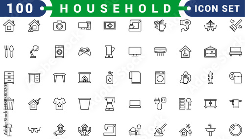 Household appliances vector icon set such as toaster, blender, hairdryer, electric range, video and photo camera. Editable line icon collection