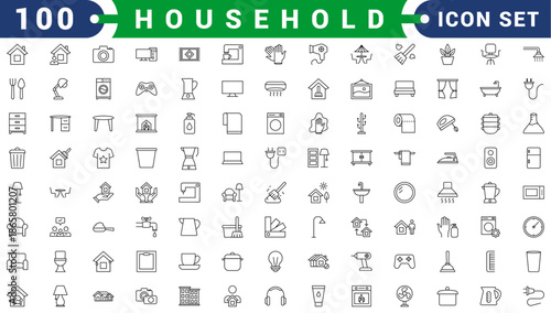 Household appliances vector icon set such as toaster, blender, hairdryer, electric range, video and photo camera. Editable line icon collection